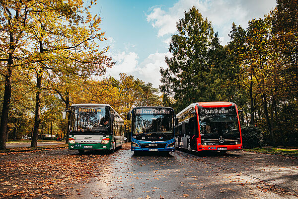 Drei Busse parken am Waldfriedhof Dodesheide direkt nebeneinander. 
