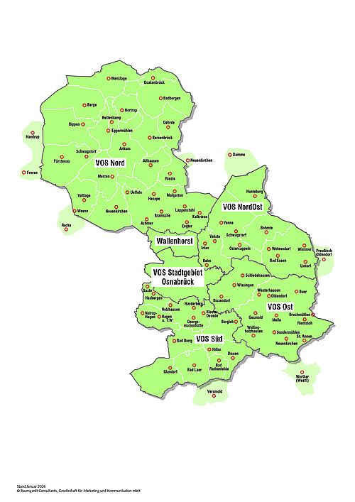 Übersichtskarte der Teilgemeinschaften der V O S Nord, Nord-Ost, Wallenhorst, Ost, Süd und Osnabrück.