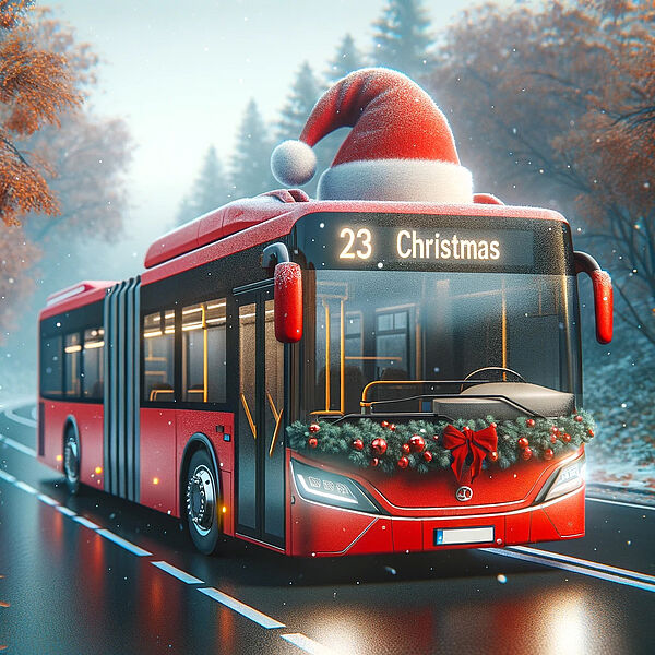 Weihnachtlich dekorierter Bus mit roter Mütze und Lichtern.