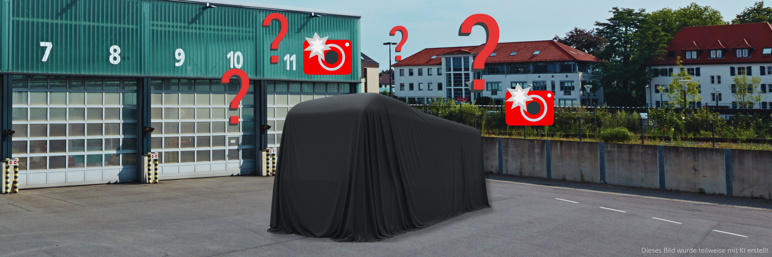 Verhüllter E-Solobus vor dem Betriebsgelände – Ankunft und Präsentation der neuen Fahrzeuge.